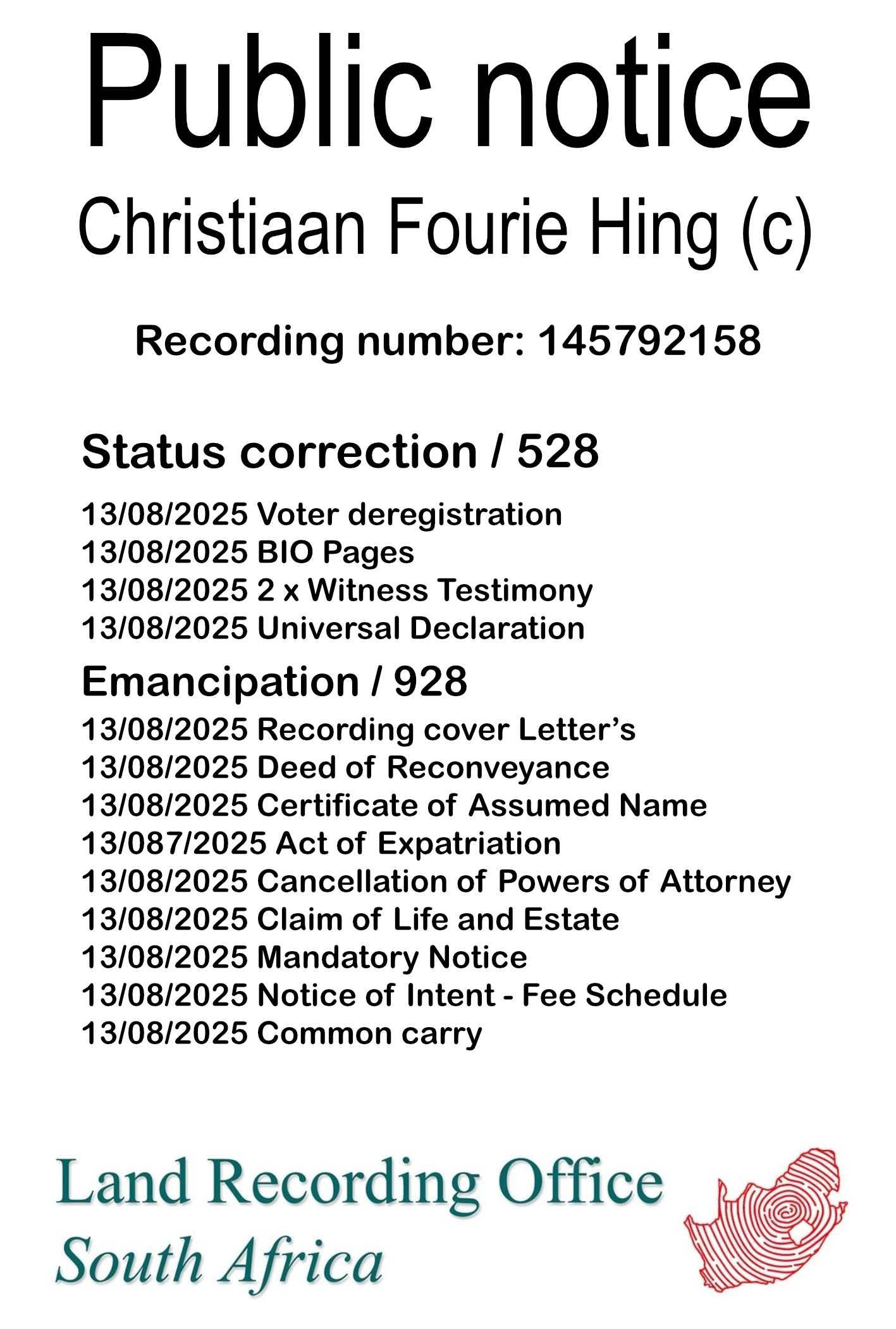 Public notice Christiaan Fourie Hing Recording number 145792158